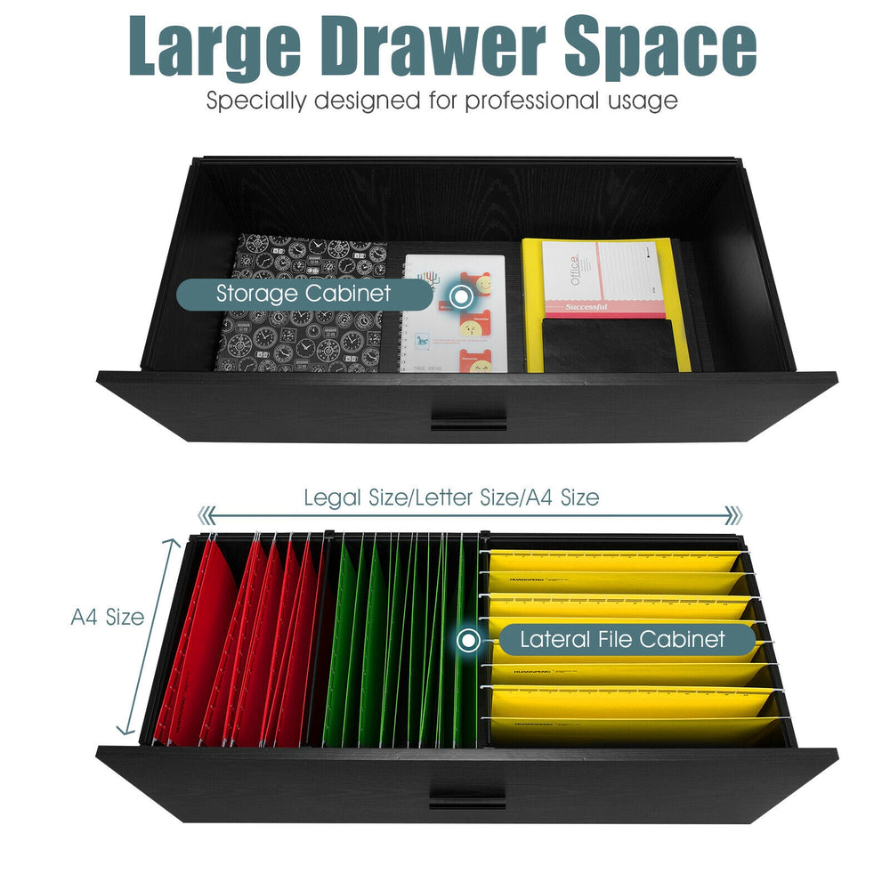 Large drawer space of the black 2-drawer lateral file cabinet, designed for letter, legal, and A4 size files.
