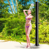 Solar-heated outdoor shower in black, featuring a 360° rotating shower head and foot tap for convenience.