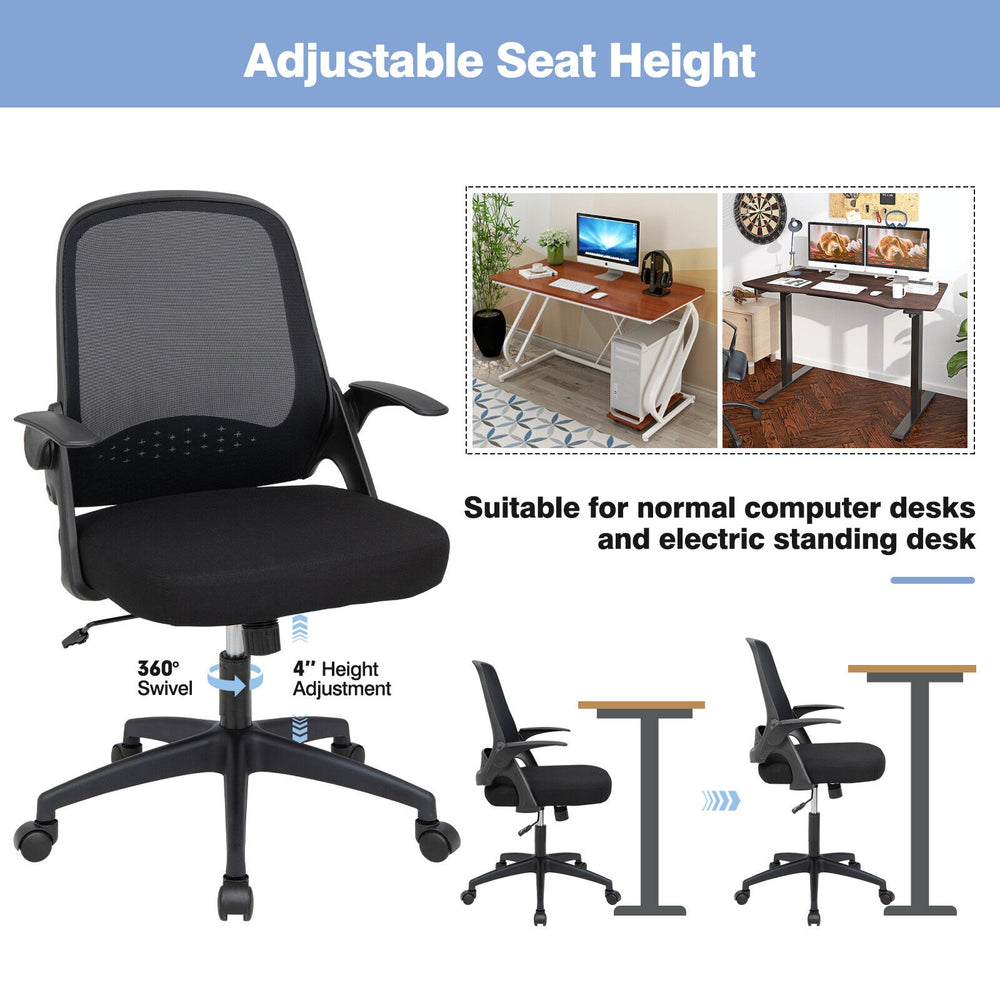 Adjustable mesh office chair with flip-up armrests, ergonomic backrest, and 4" height adjustment for comfortable.
