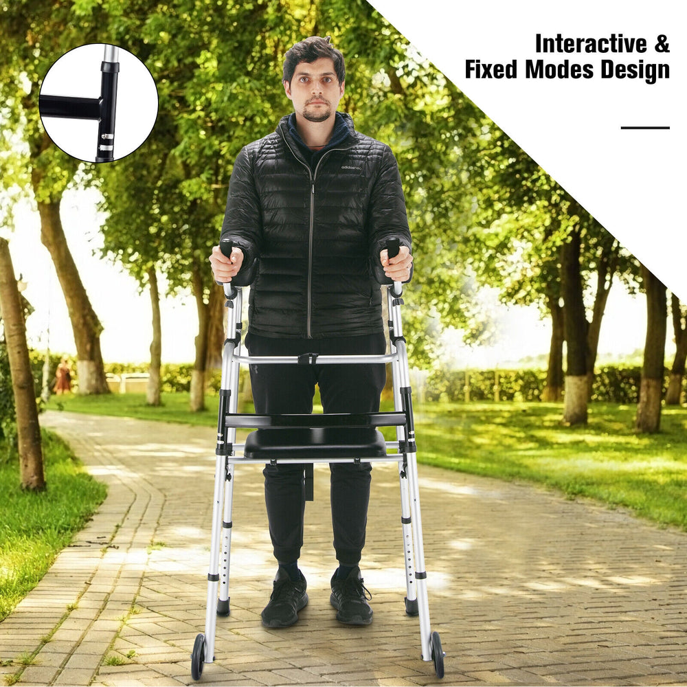 Height adjustable rollator walker with seat and armrest pad, aluminum frame, 7-level height adjustment, and foldable.