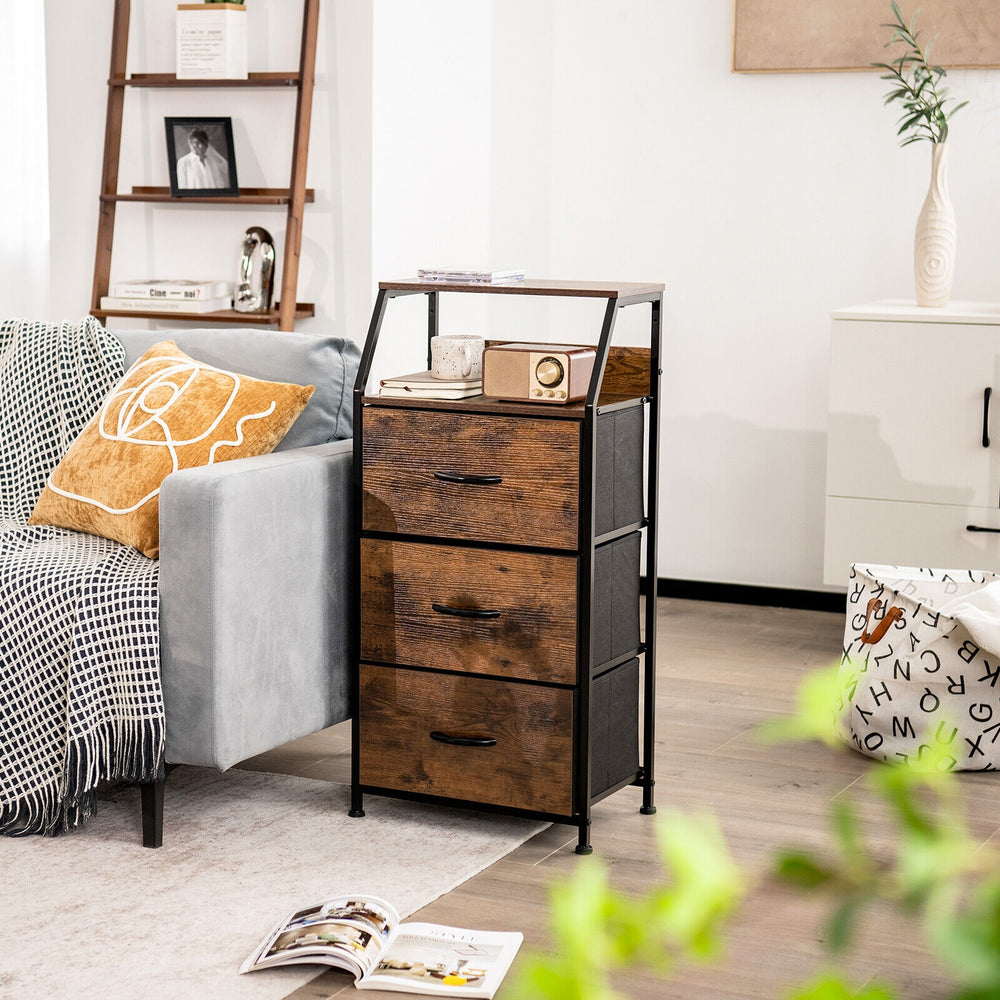 Freestanding cabinet dresser with wooden top, featuring 3 folding drawers and a sturdy steel frame for versatile.