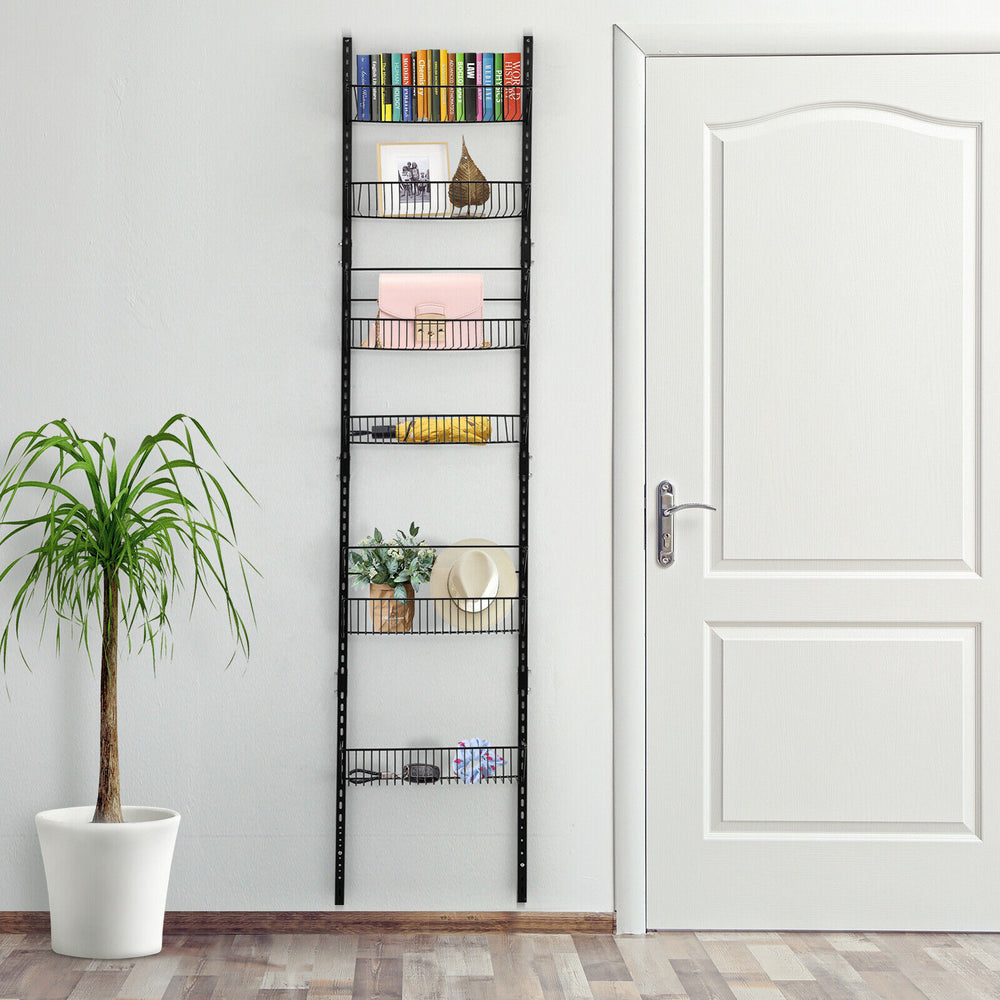 Over the door pantry organizer rack with 6 adjustable baskets for kitchen condiments and laundry supplies.