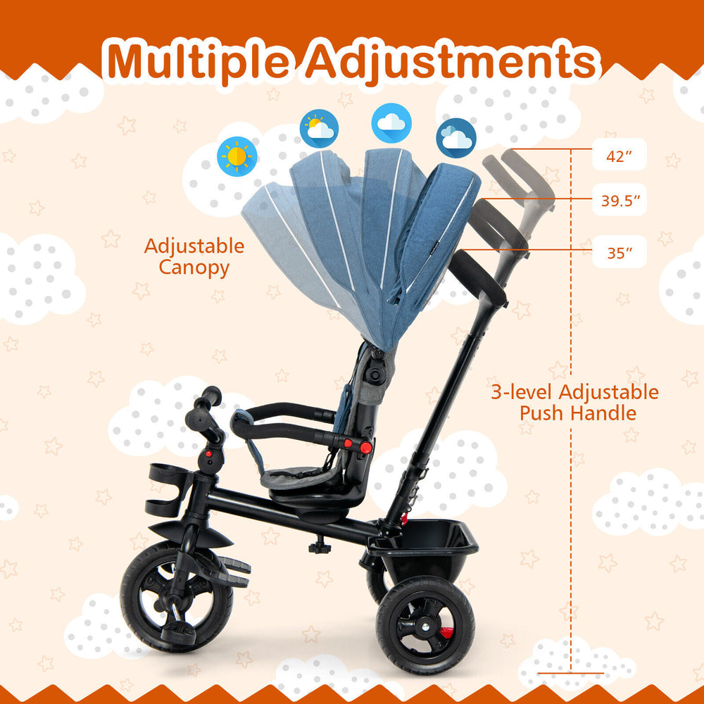 Side view of the 4-in-1 baby tricycle with adjustable canopy and push handle, ideal for versatile toddler use.