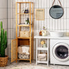 Slim bamboo floor storage cabinet with shutter door, featuring four shelves for compact bathroom organization.
