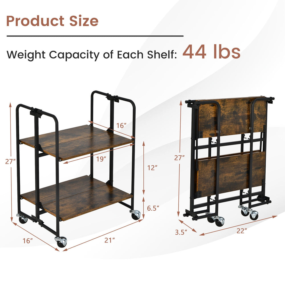 Folding rolling cart dimensions with 2 tiers, metal frame, and rustic wood finish, perfect for easy storage solutions.