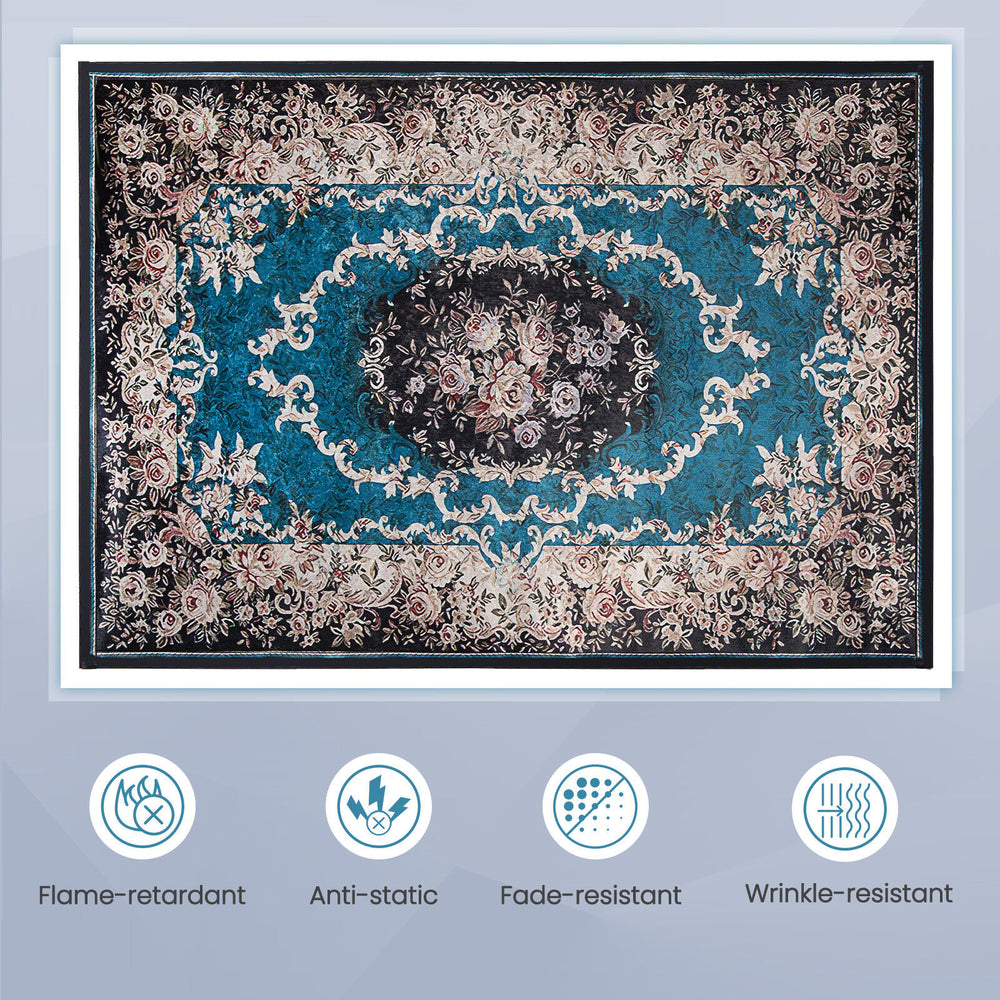 Vintage area rug with floral pattern, anti-slip bottom, flame-retardant, and non-shedding for living room or office use.