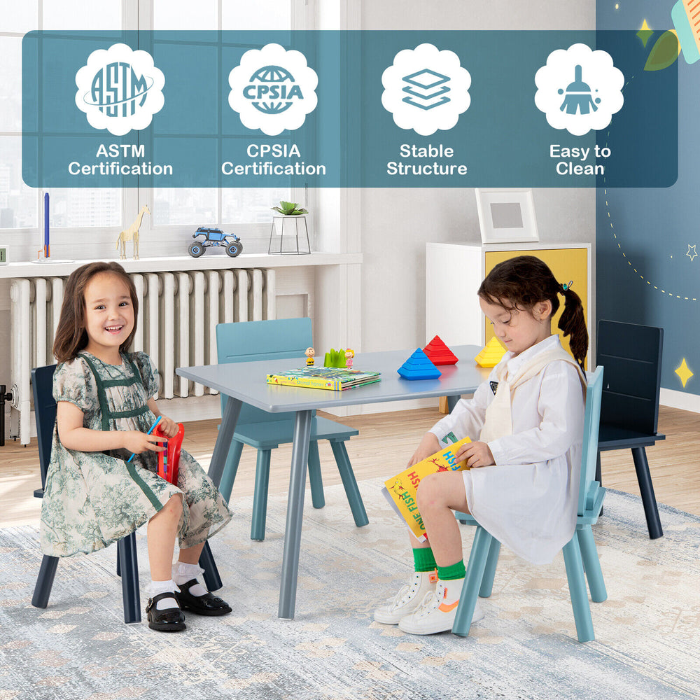 Kids wooden activity play furniture set in blue, featuring a large tabletop and ergonomic chairs for creative playtime.