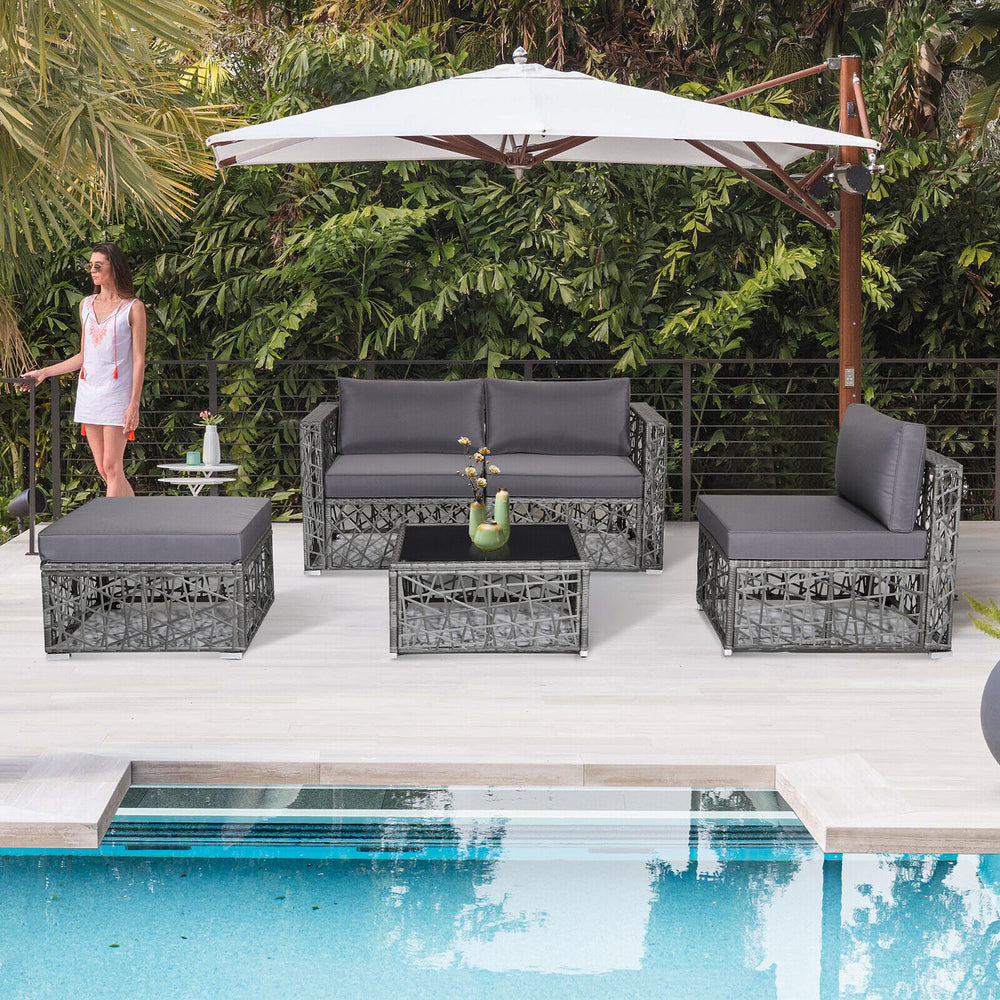 5-piece gray patio PE rattan wicker sofa set with cushions and tempered glass table, perfect for outdoor relaxation.