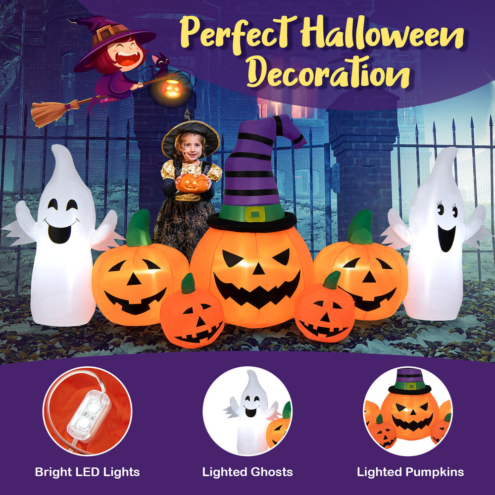Halloween inflatable decoration featuring 9 feet of pumpkins and 2 lighted ghosts, perfect for outdoor parties.