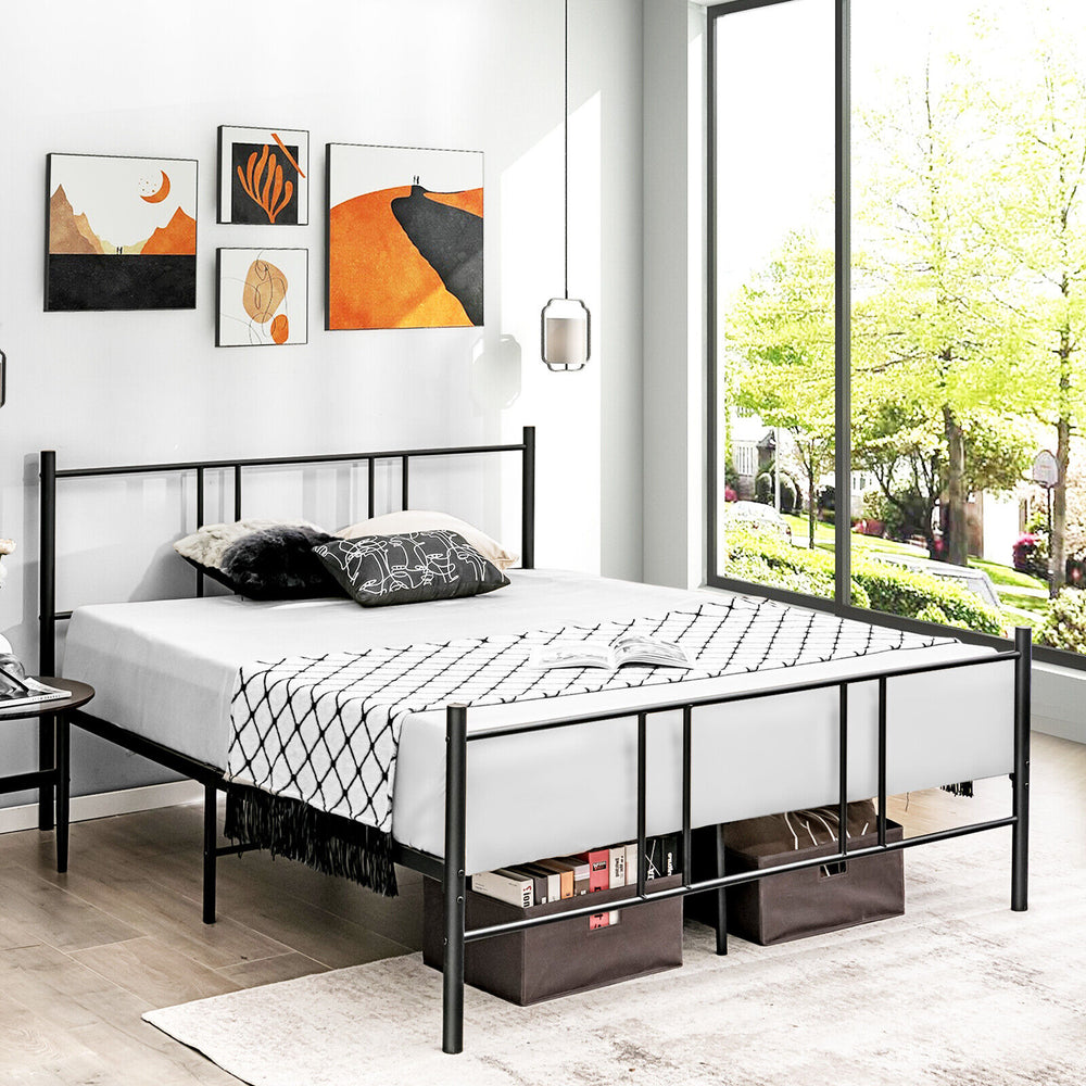 Full/Queen size platform bed frame with high headboard in all-black steel, designed for sturdy support and under-bed.