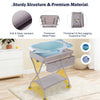 Baby changing table in gray with safety belt, storage basket, and foldable design for convenient use and baby care.