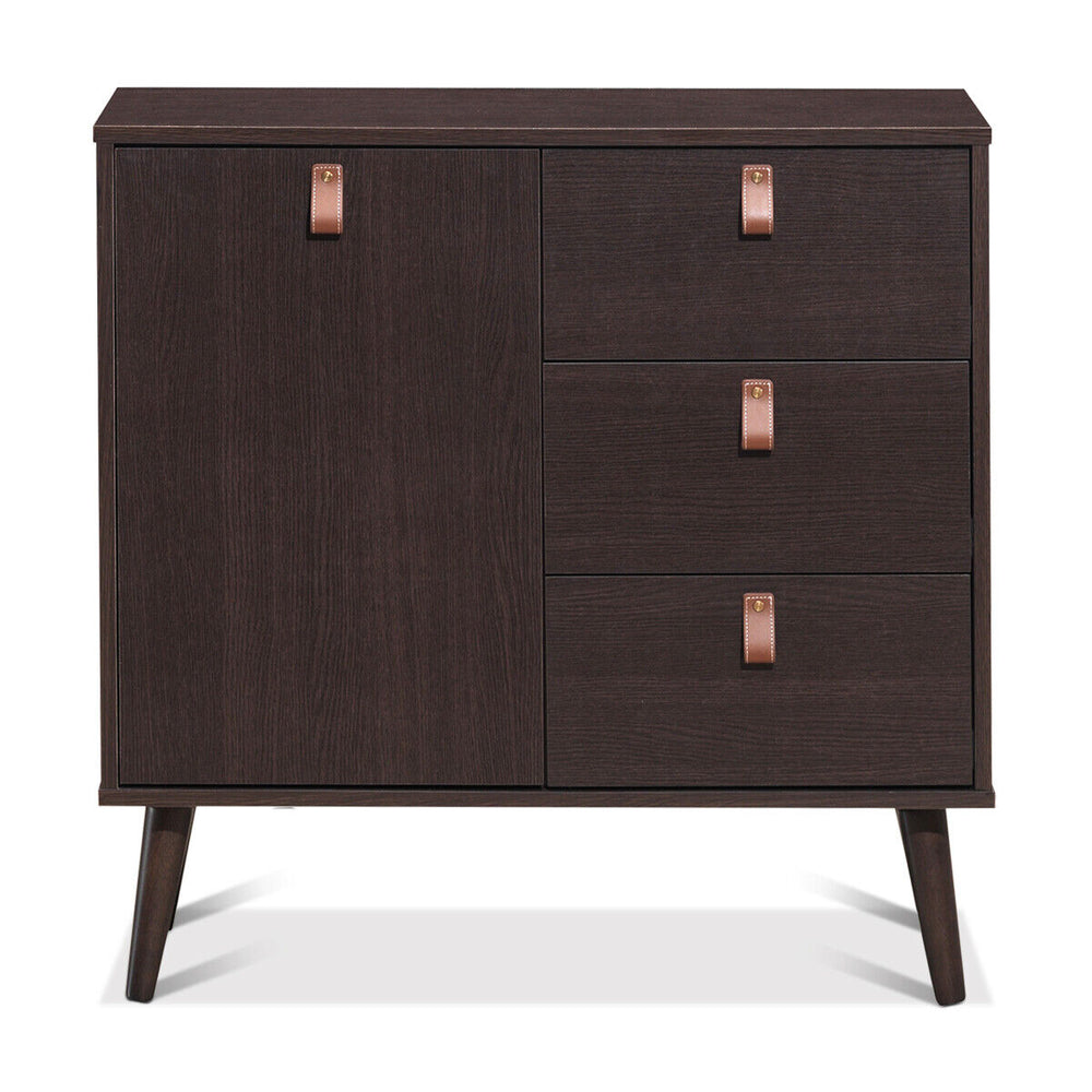 Brown 3-drawer sideboard storage cabinet showcasing leather handles, ideal for stylishly organizing your living room or.