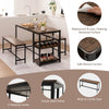 Rectangular dining table set with 2 benches, brown veneer surface, wine rack, and sturdy steel frame for 4-person.