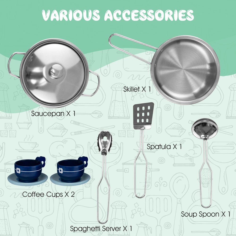 Wooden kids kitchen playset with light and sound, includes stainless steel utensils and coffee cups for imaginative.