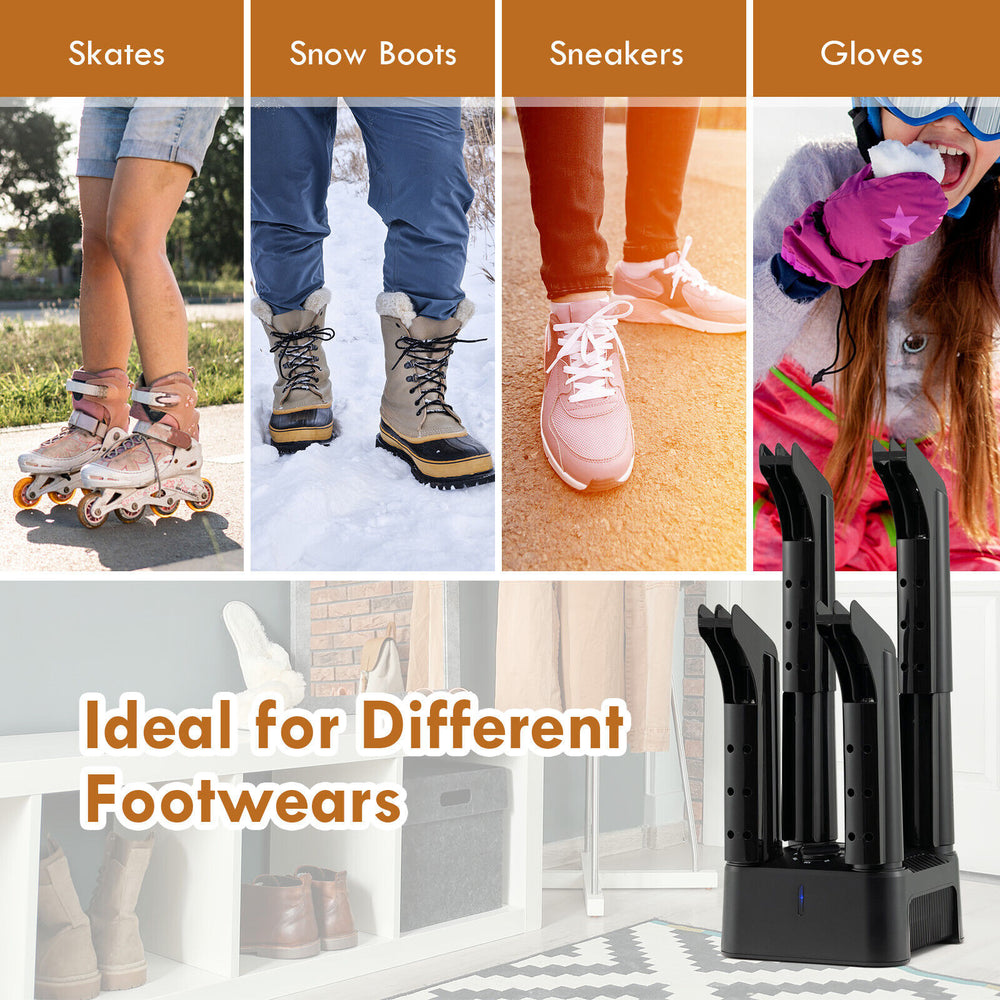 4-tube electric shoe dryer with timer, designed for drying shoes, gloves, and more, featuring low-noise operation.