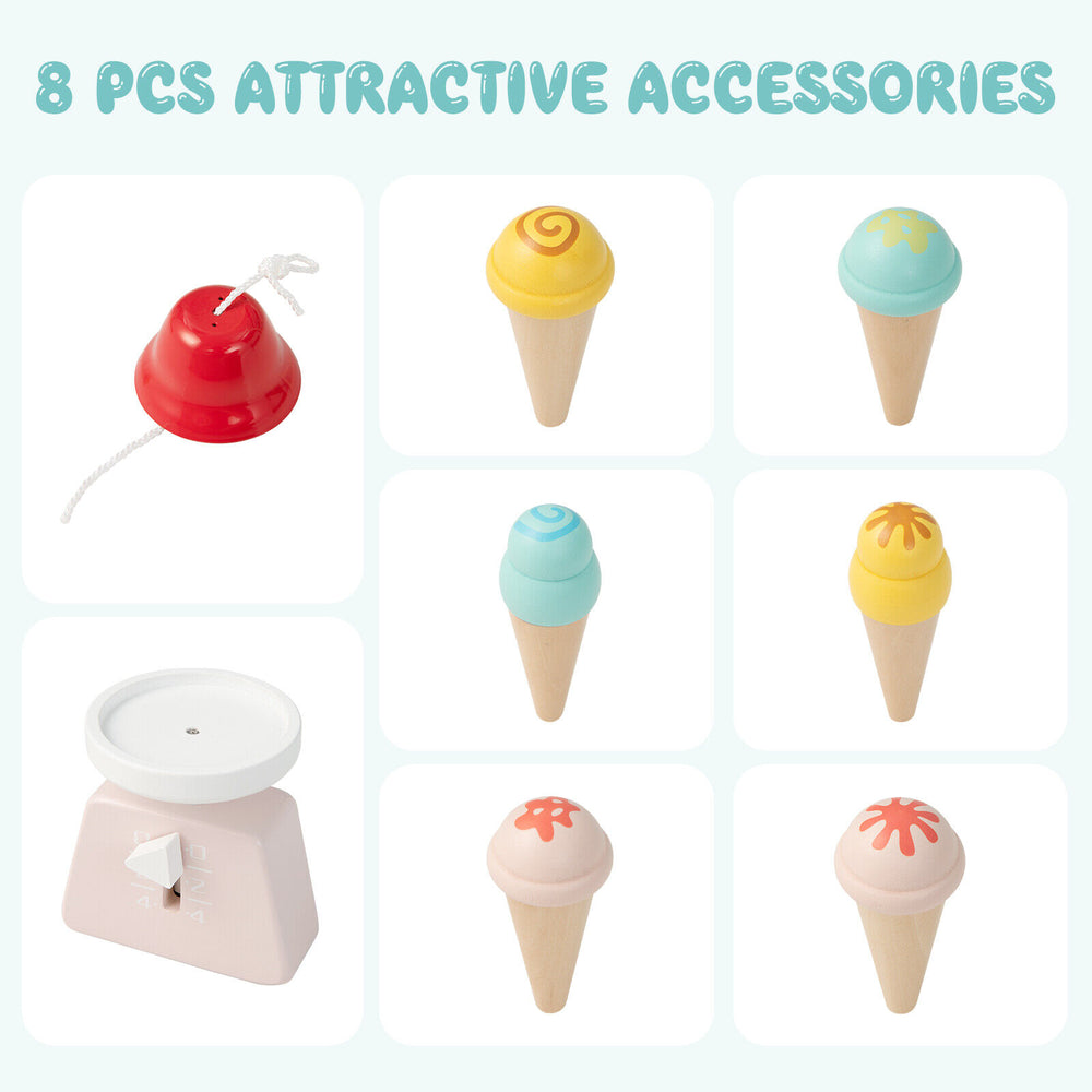 Colorful wooden ice cream accessories including cones and a bell for the Kids Wooden Ice Cream Cart with storage.