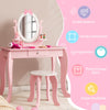 Kid vanity table and stool set in pink with oval mirror, sturdy MDF construction, and roomy storage for little girls.