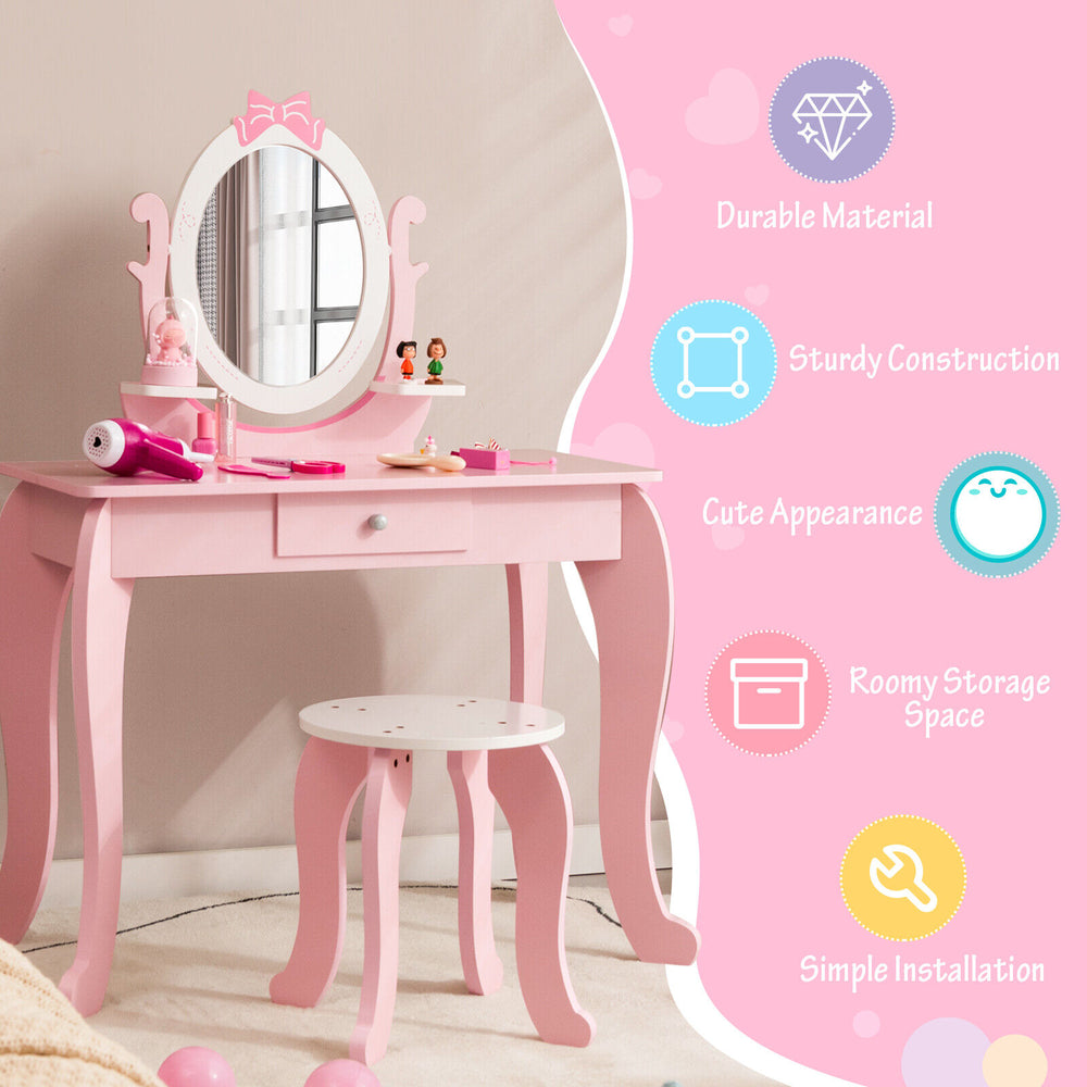Kid vanity table and stool set in pink with oval mirror, sturdy MDF construction, and roomy storage for little girls.