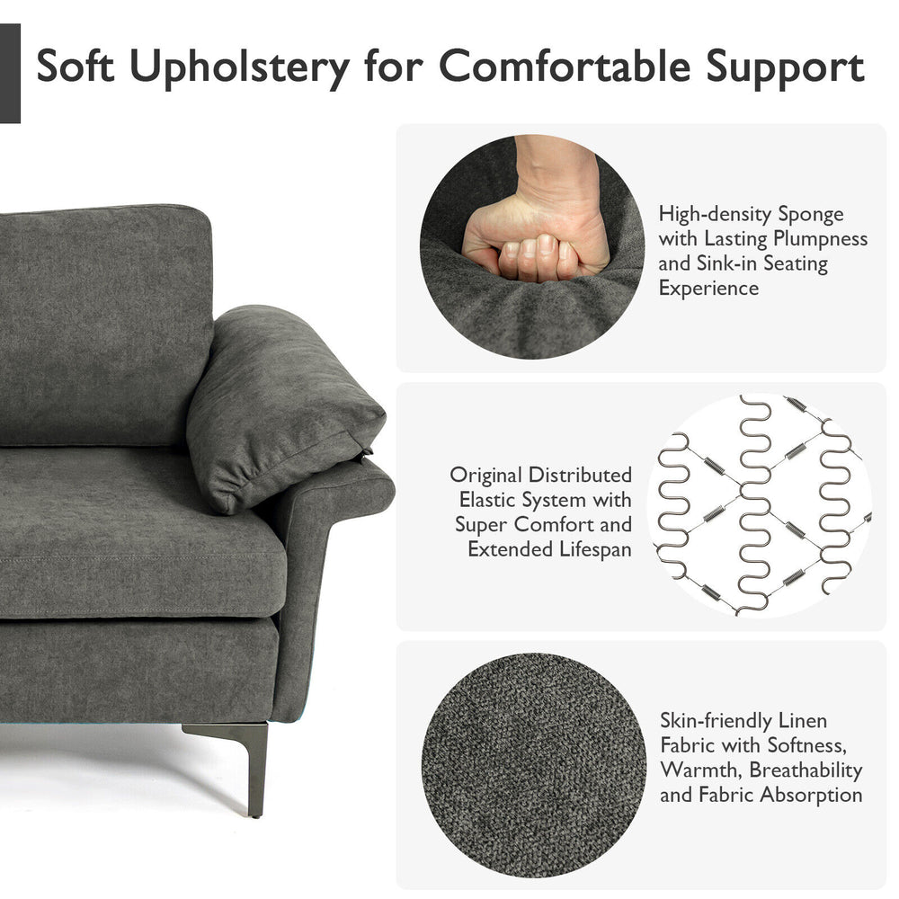 Gray modern fabric accent armchair featuring high-density sponge, ergonomic cushions, and durable spring system for.