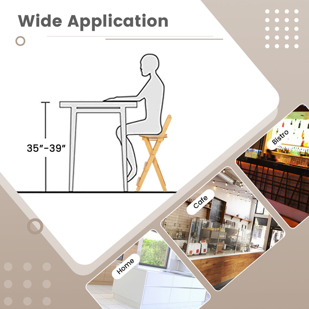 Bamboo folding barstools with footrests, ergonomic design, and natural finish, ideal for home, cafe, or bistro use.