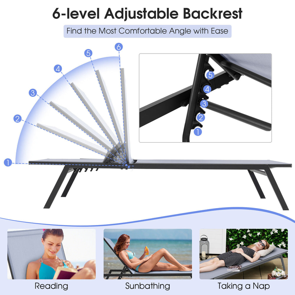 Adjustable chaise lounge chair with 6-level backrest, sturdy steel frame, perfect for patio relaxation and sunbathing.