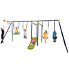 A 7-in-1 outdoor swing set featuring gym rings, slide, and basketball hoop, perfect for backyard fun for kids aged 3-10.