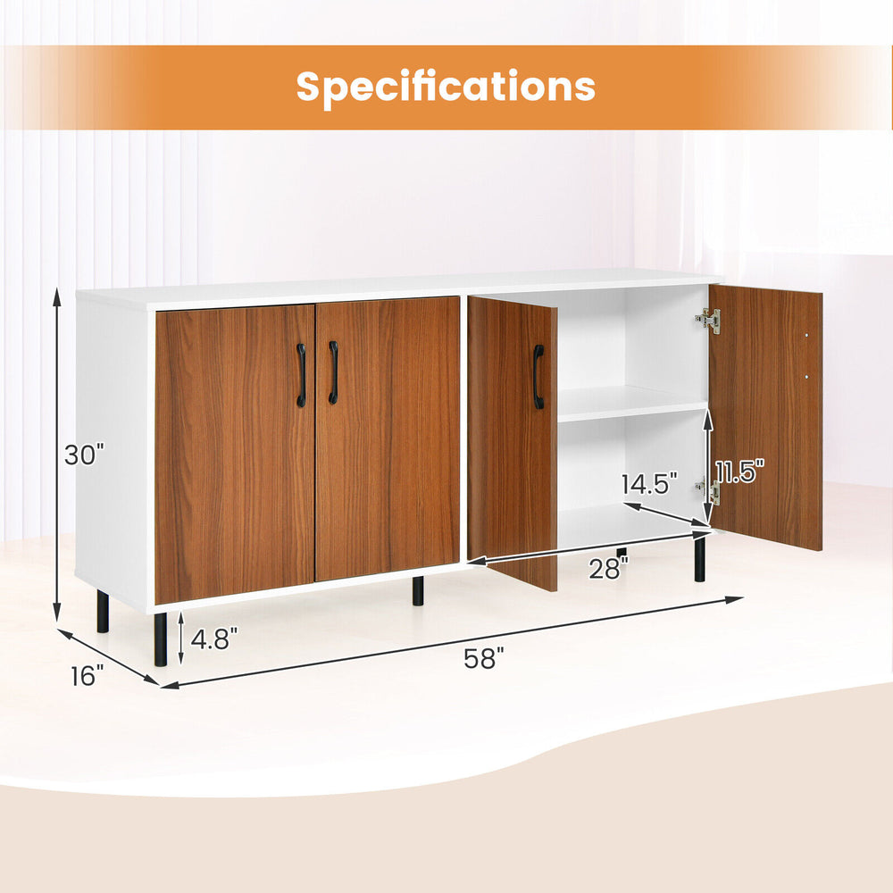 4-door kitchen buffet sideboard in white with wood accents, featuring spacious storage compartments and a durable.