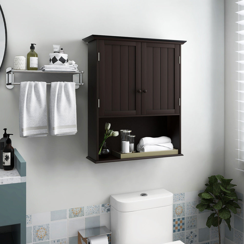2-Door Wall Mount Bathroom Storage Cabinet with Open Shelf-Espresso - Gallery View 1 of 10