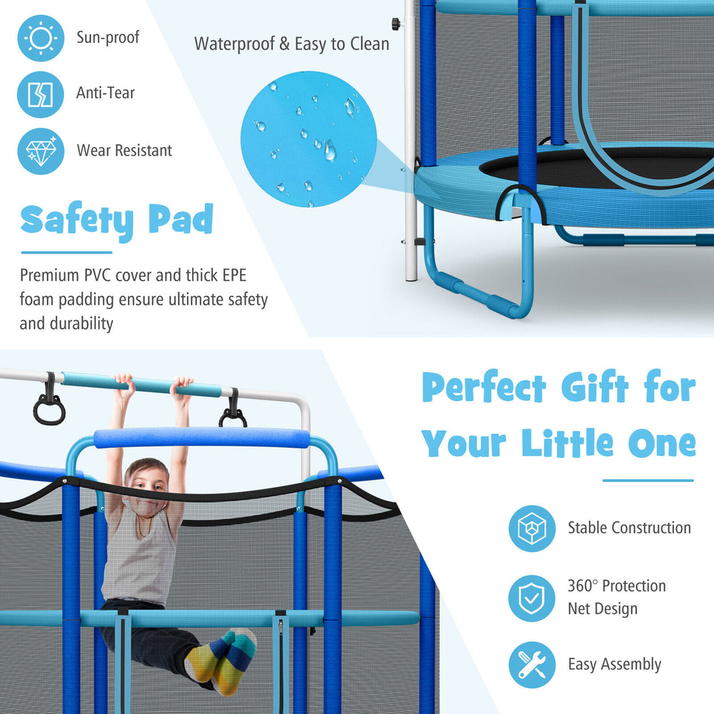 5ft kids trampoline with enclosure net, adjustable horizontal bar, and safety pad for secure indoor and outdoor play.