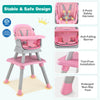6-in-1 convertible baby high chair in pink with adjustable tray, safety harness, and non-slip foot pads for secure.
