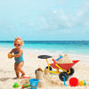 Kids ride-on sand dumper in red with 360-degree seat, perfect for beach play and all-season fun.