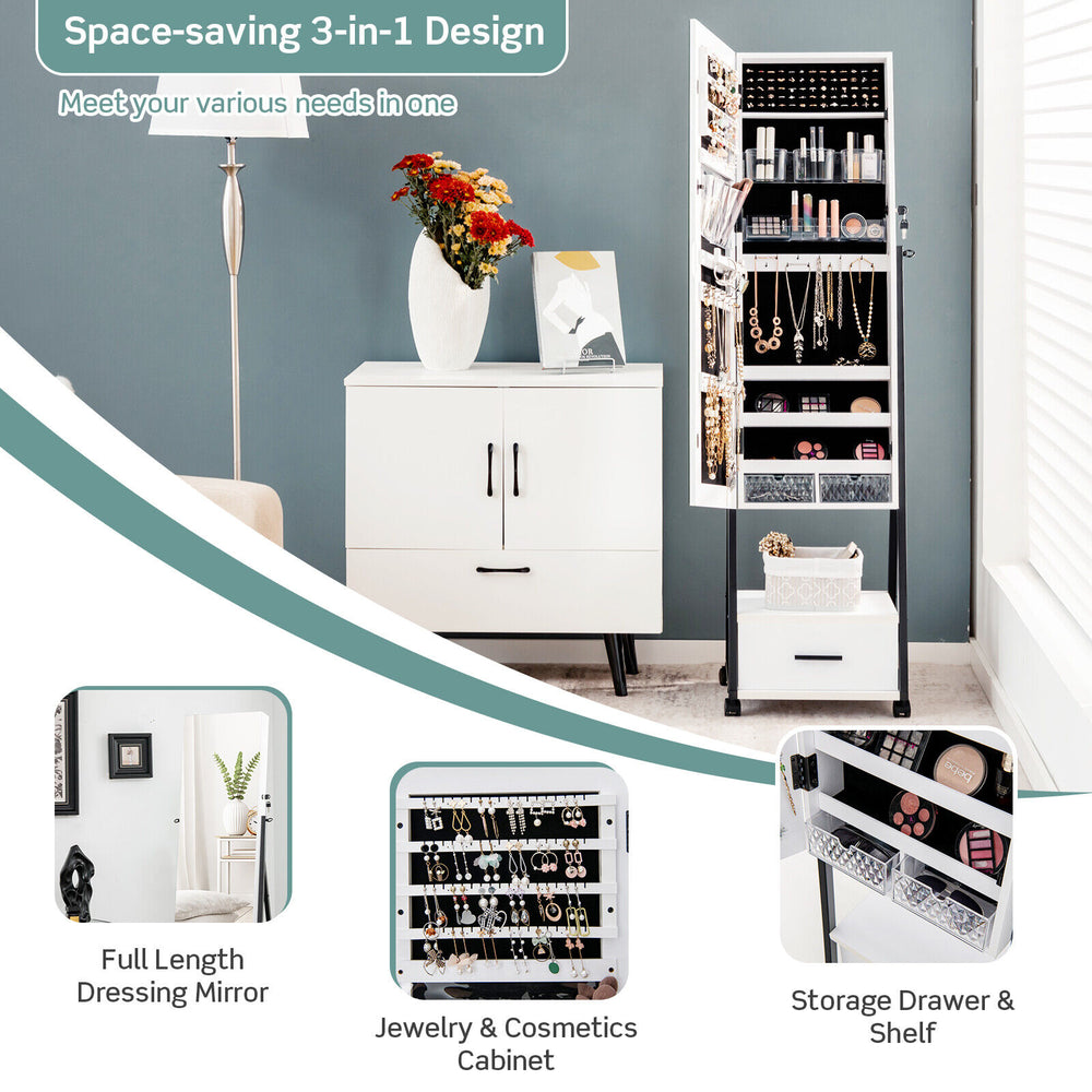 Jewelry cabinet with full-length mirror, large storage, and lockable drawer, ideal for space-saving organization.