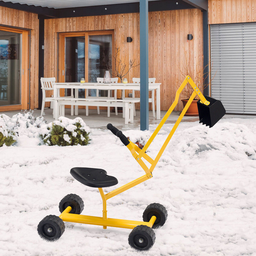 Kid ride-on sand digger with sturdy steel frame and rotatable seat, perfect for outdoor play and coordination.