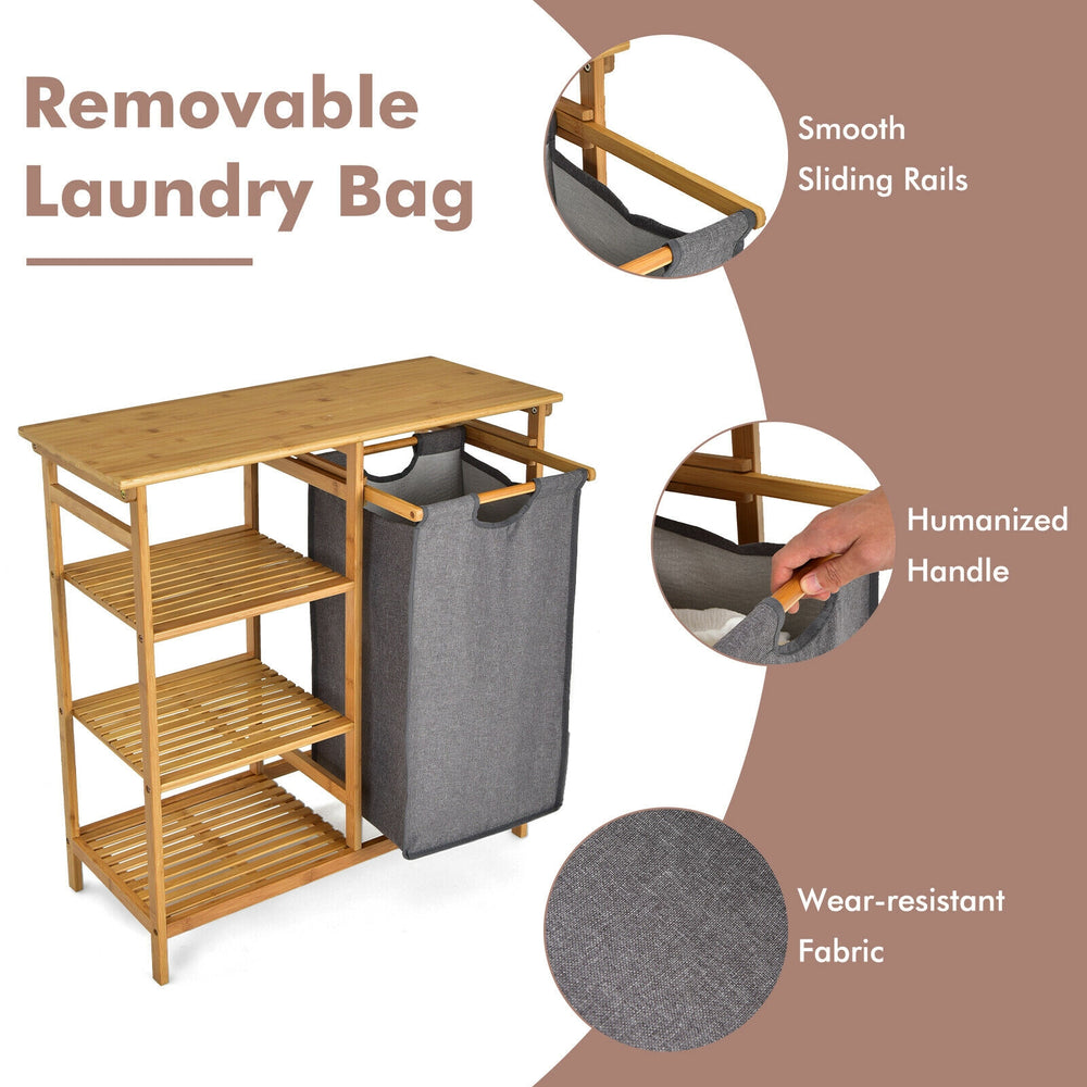 Bamboo laundry hamper stand with removable sliding bag and 3-tier open shelves for organized storage in any space.