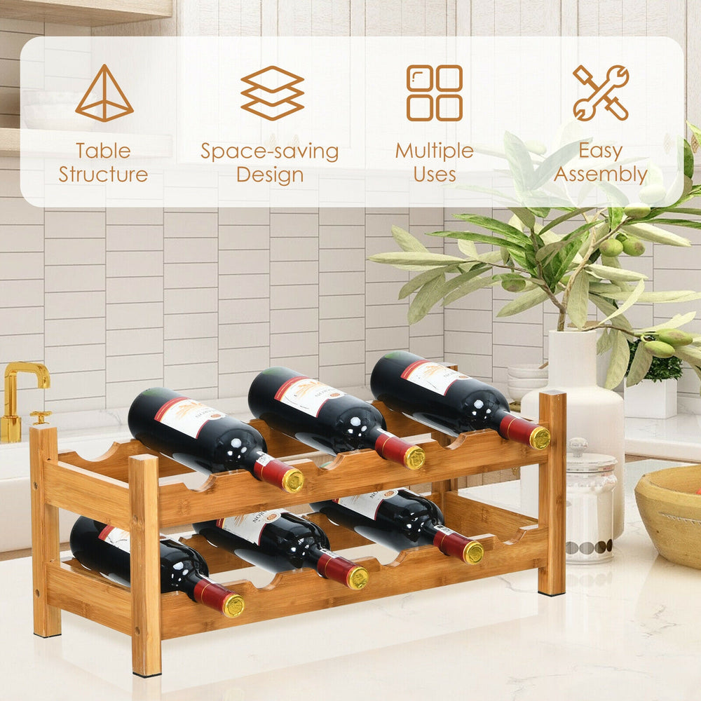 2-tier bamboo wine rack holding 12 bottles, featuring a natural texture for elegant storage in kitchens or dining rooms.