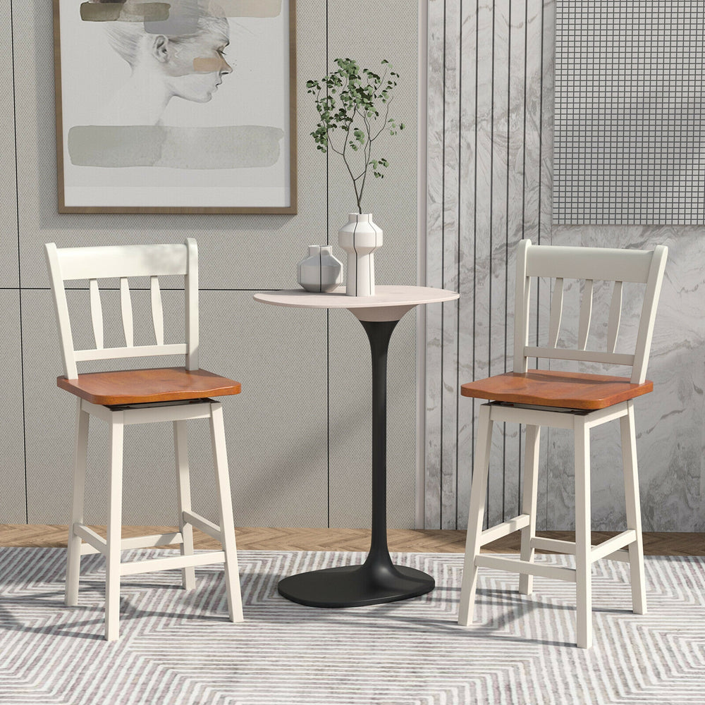 Set of 2 vintage swivel bar stools with solid rubberwood frame, 24.5-inch height, perfect for kitchen or dining room.
