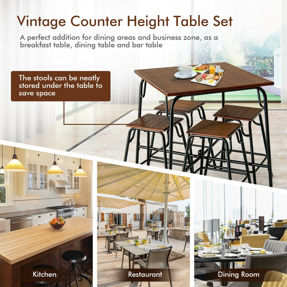 Counter height bar table set with rustic brown finish, featuring a square tabletop and 4 backless stools for dining.