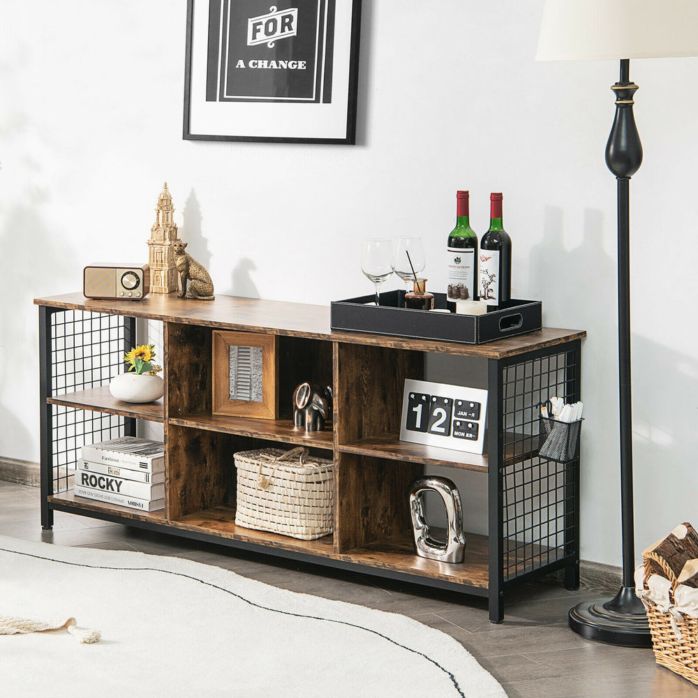 Mid-century wooden TV stand in rustic brown with storage basket, adjustable shelves, and cable management for TVs up to.