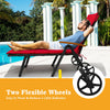 Folding patio rattan lounge chair with wheels in red, featuring adjustable backrest and comfortable cushions for.