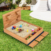 Kids wooden square sandbox with cover, made of solid cedar, featuring hidden storage and space for 3-4 children to play.