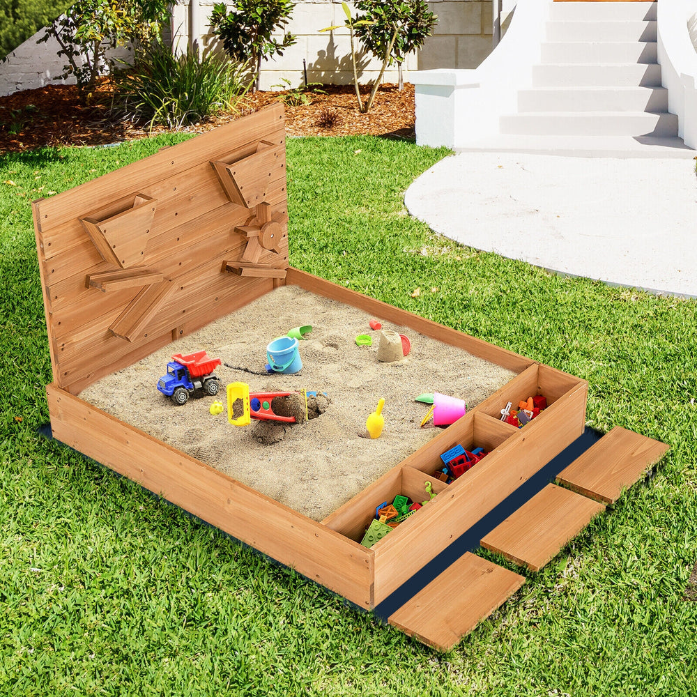 Kids wooden square sandbox with cover, made of solid cedar, featuring hidden storage and space for 3-4 children to play.
