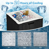 10-gallon black storage cooler filled with ice, designed for outdoor activities, keeps drinks cool for over 24 hours.