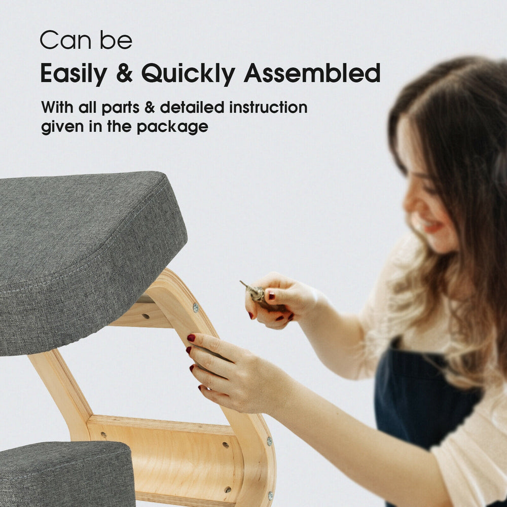 Ergonomic gray kneeling chair with solid wood base, elastic cushion, and easy assembly for improved posture and comfort.