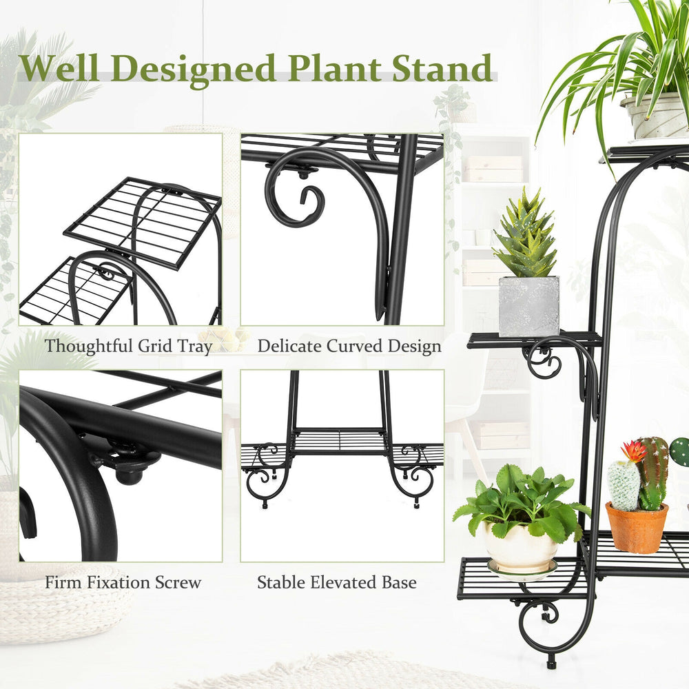 6-tier black plant stand with adjustable foot pads, featuring a stylish design and sturdy iron construction for.