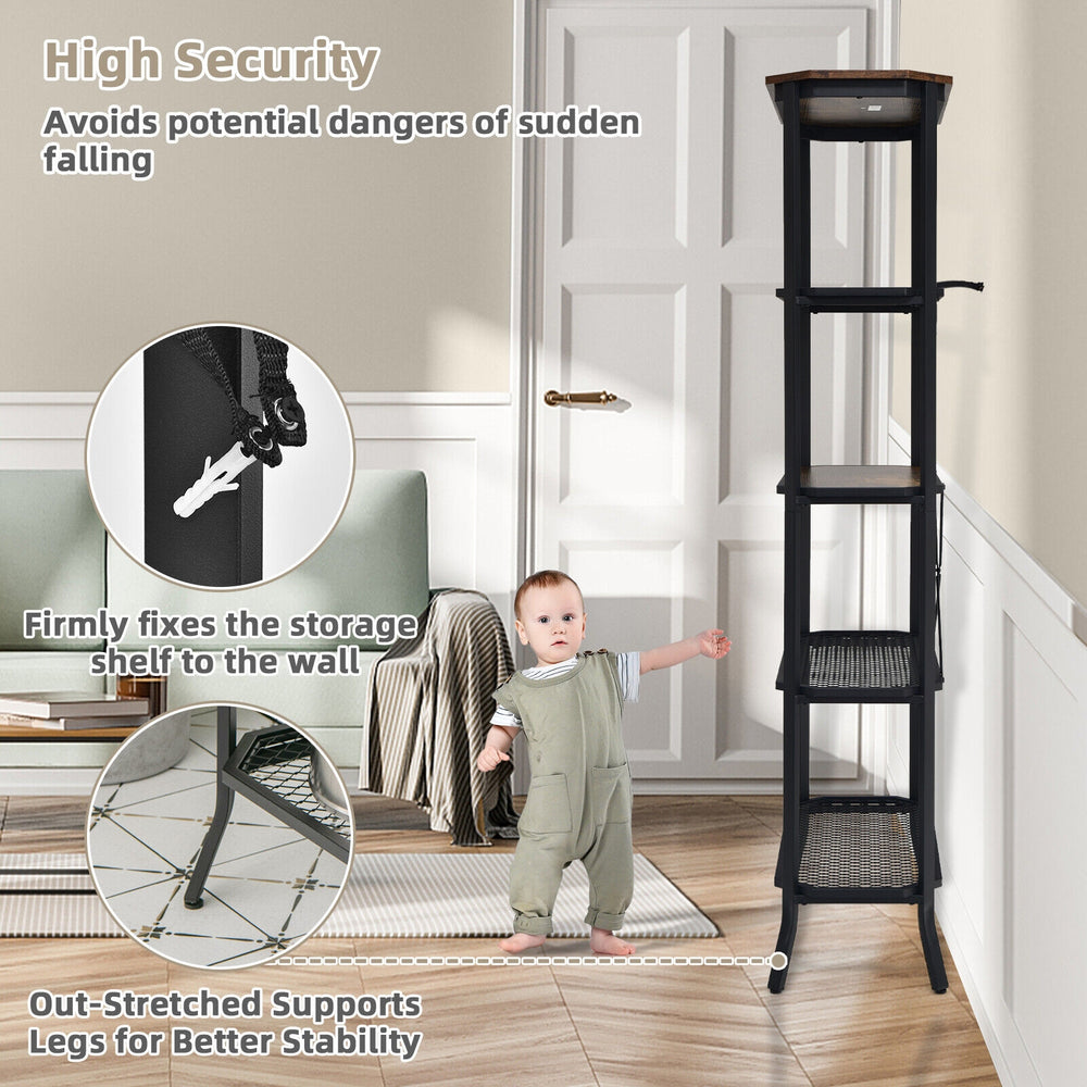Industrial 5-layer bookshelf in rustic brown with out-stretched legs, ideal for living room or kitchen organization.