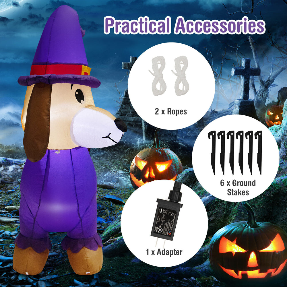 5-foot inflatable dachshund dog with pumpkin, featuring LED lights, waterproof fabric, and stability stakes for.