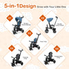 Convertible baby tricycle in blue, shown in stroller mode with adjustable canopy and safety features for versatile use.