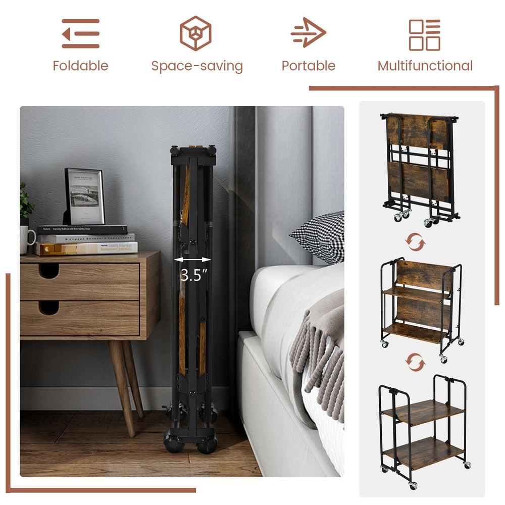 Folding rolling cart with metal frame, 2-tier design, rustic wood finish, ideal for space-saving storage and.