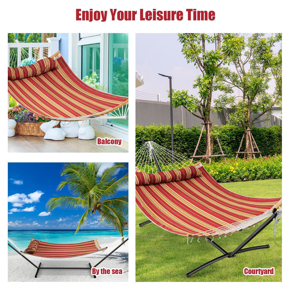 Red outdoor hammock with detachable pillow, perfect for relaxing in the backyard, beach, or courtyard.
