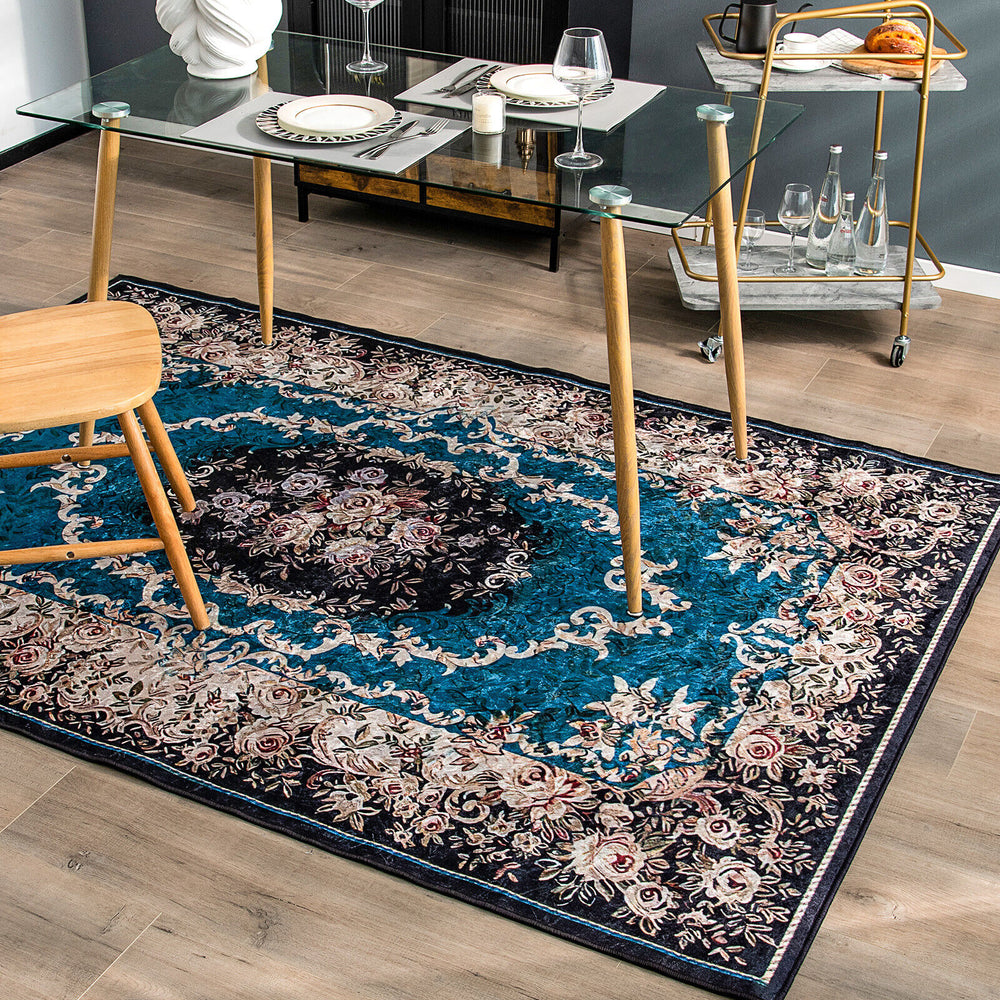 Vintage area rug with intricate floral pattern, non-shedding surface, and anti-slip bottom for secure placement in any.
